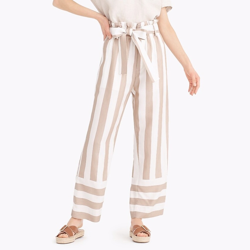 J. Crew Beige and White Striped Wide-Leg Tie Waist Pants